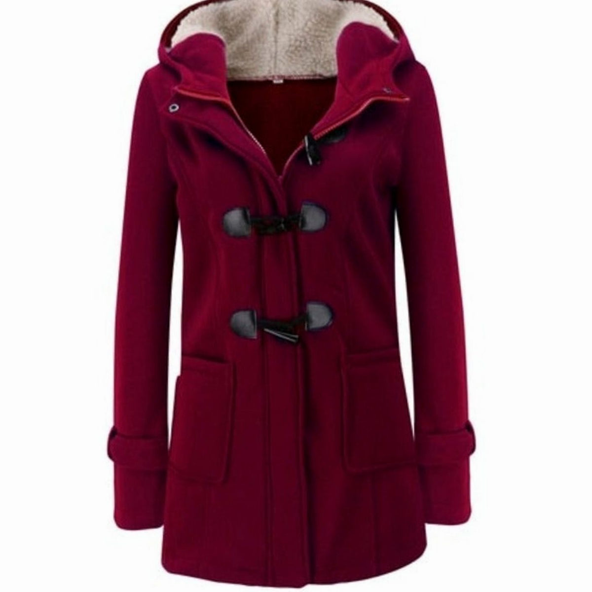 Abrigo de invierno con capucha, forro polar y botones de palanca para mujer