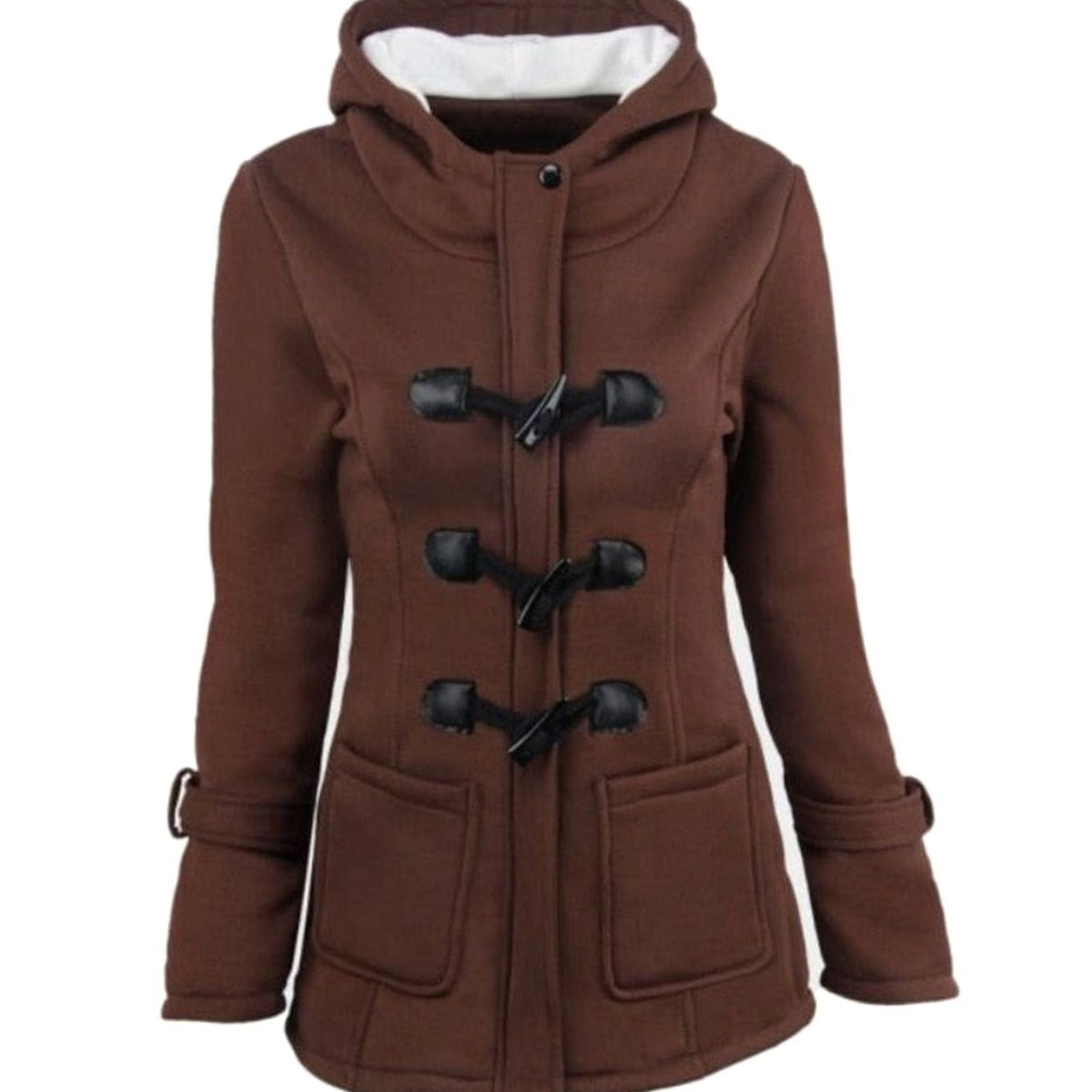 Abrigo de invierno con capucha, forro polar y botones de palanca para mujer