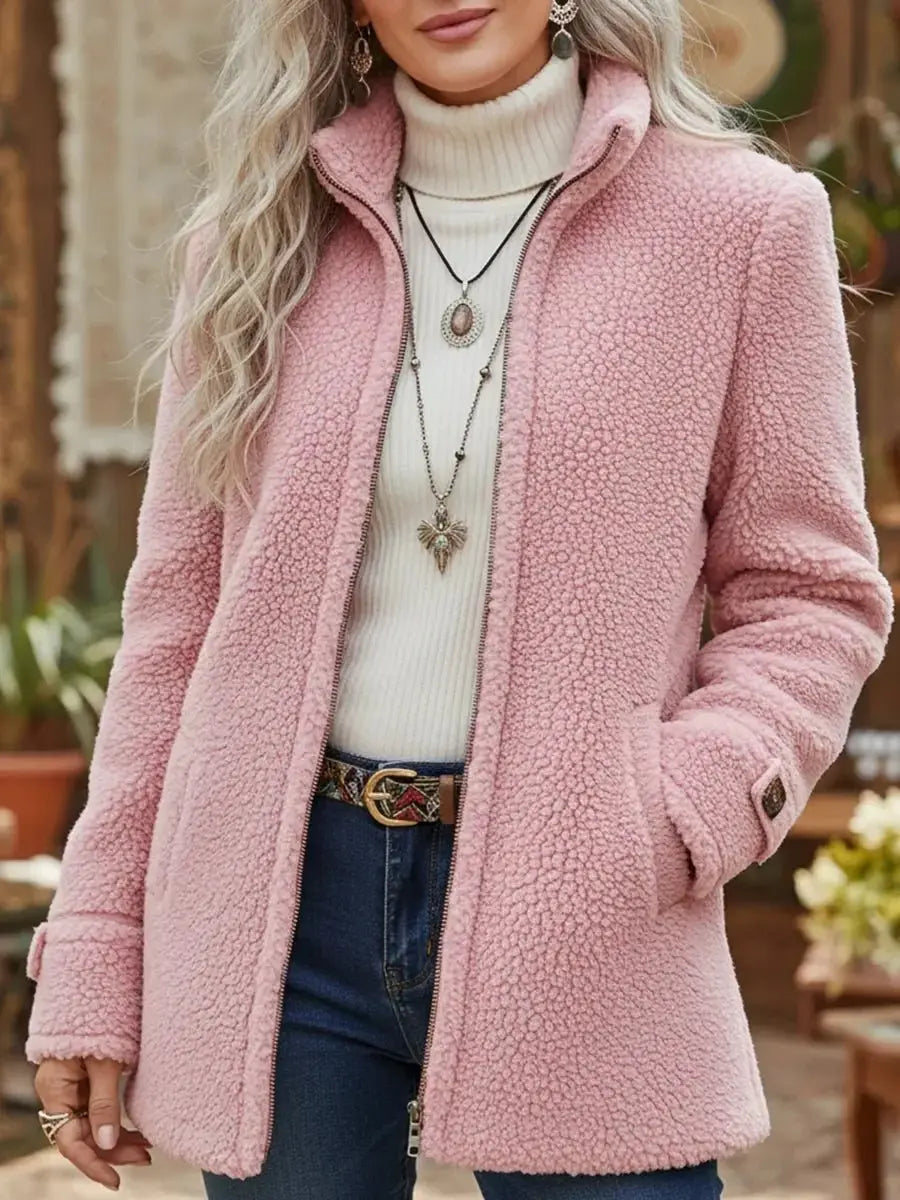 Abrigo de forro polar tipo teddy con cremallera y cuello alto para mujer