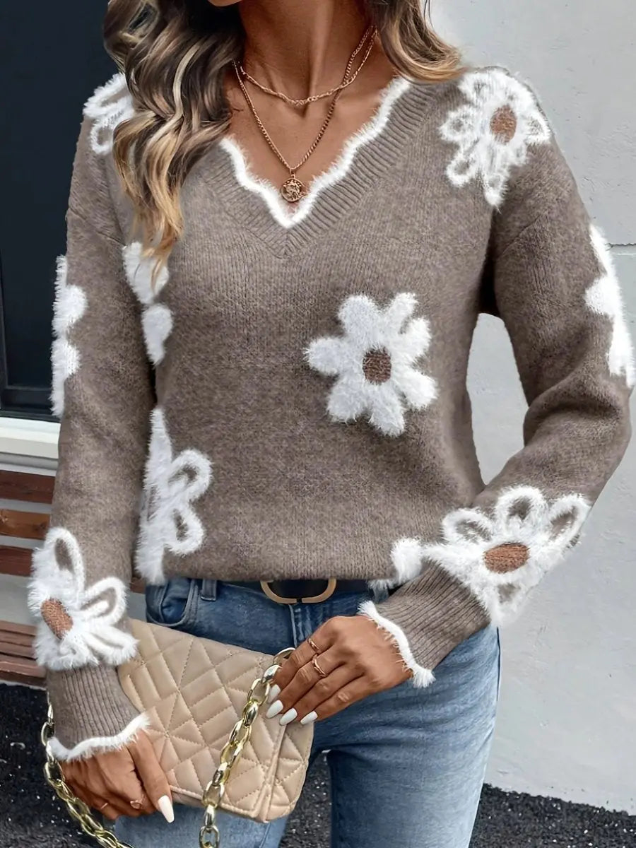 Jersey de punto de manga larga con margaritas, estampado floral y cuello de pico para mujer
