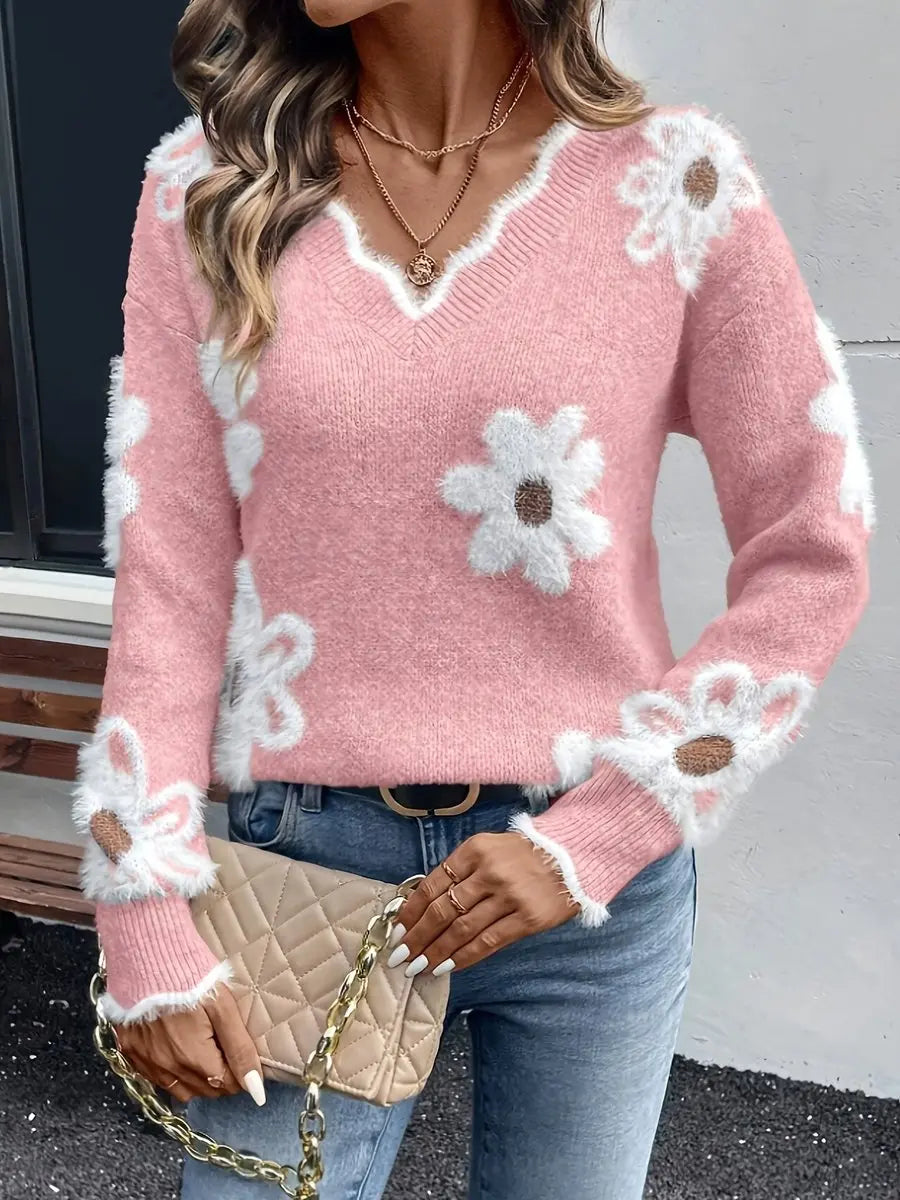 Jersey de punto de manga larga con margaritas, estampado floral y cuello de pico para mujer