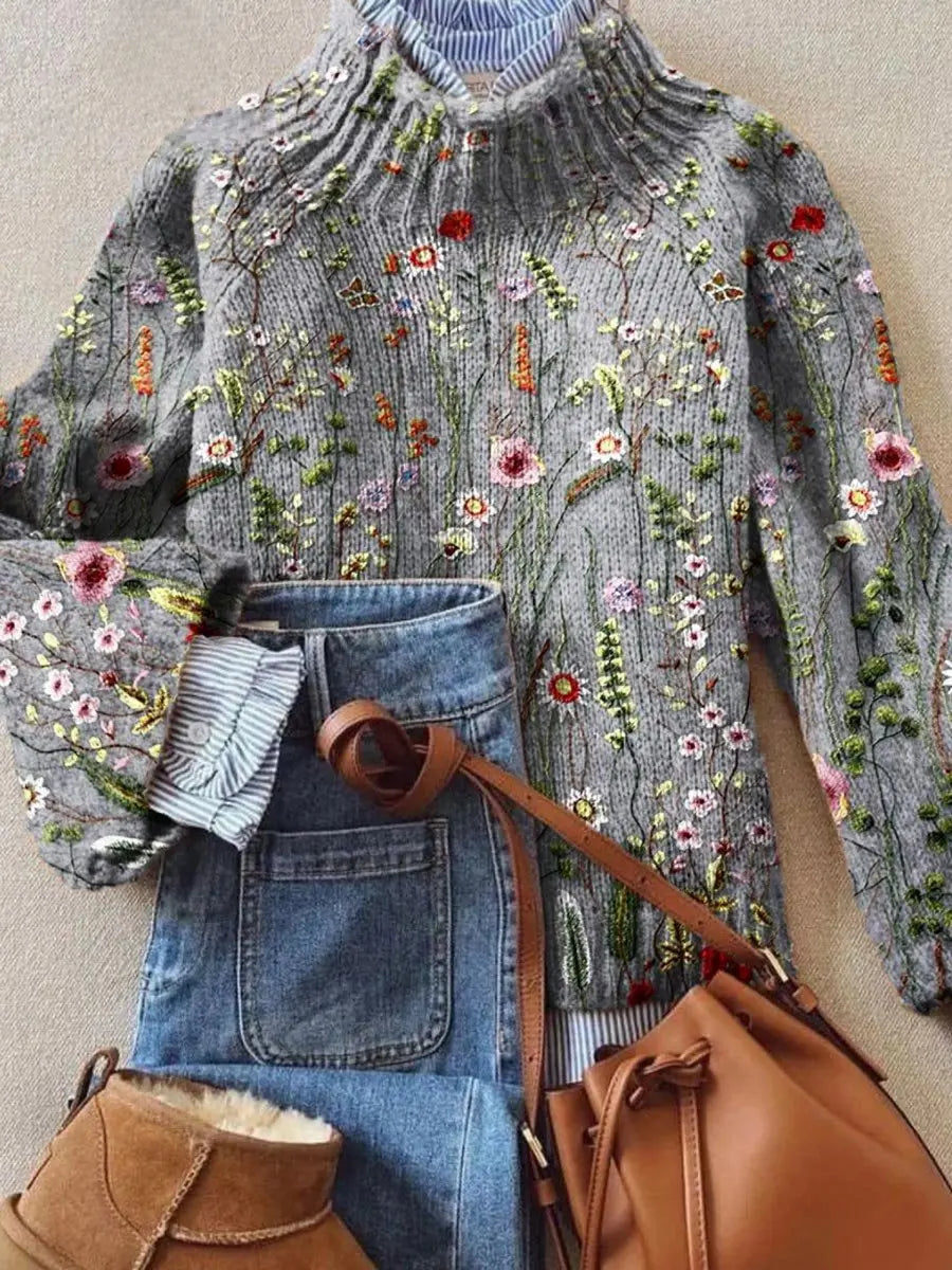 Jersey de punto de cuello alto con bordado floral para mujer