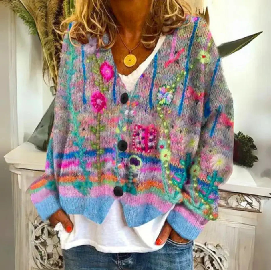 Chaleco acolchado tipo cárdigan de punto con estampado floral y botones para mujer