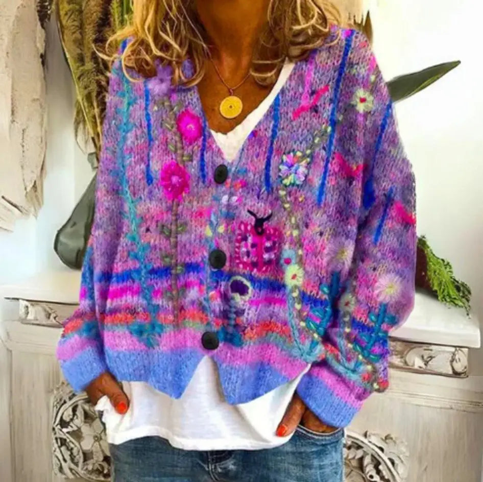 Chaleco acolchado tipo cárdigan de punto con estampado floral y botones para mujer