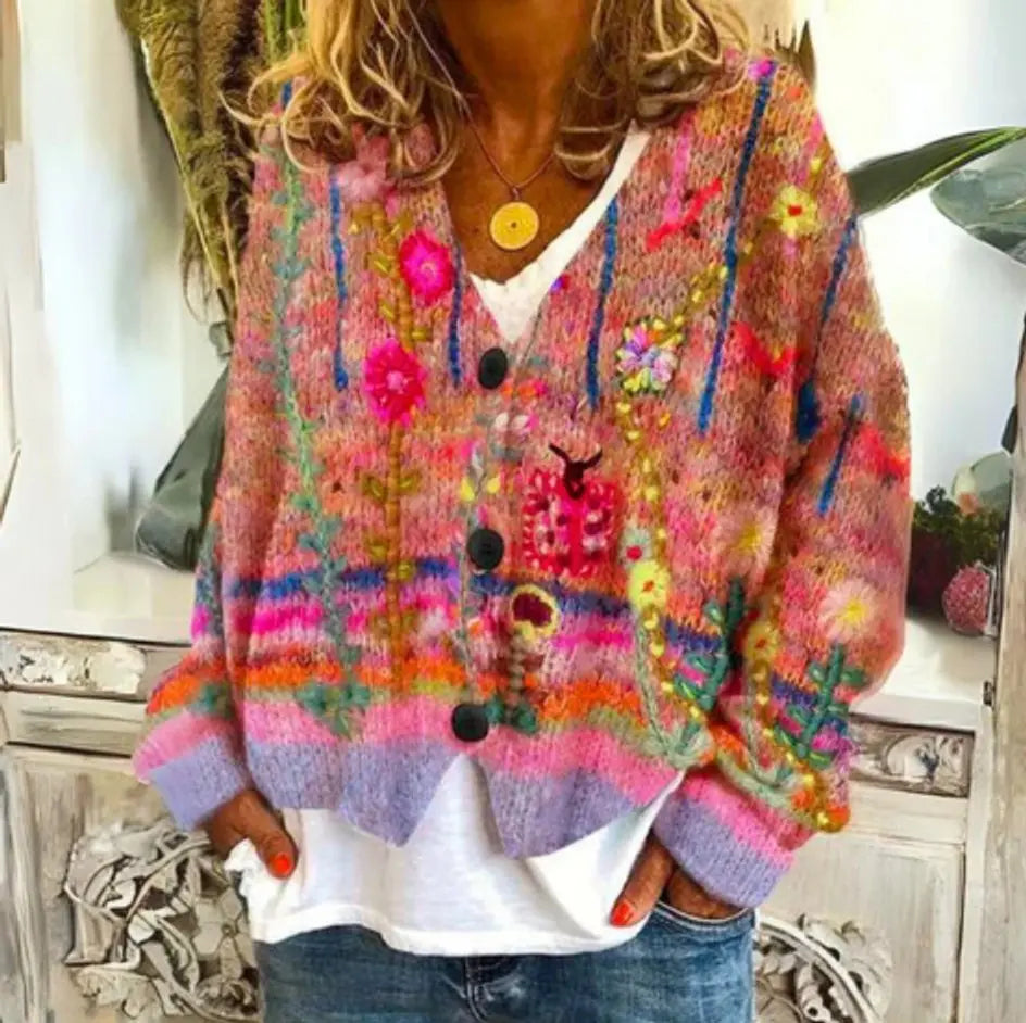 Chaleco acolchado tipo cárdigan de punto con estampado floral y botones para mujer