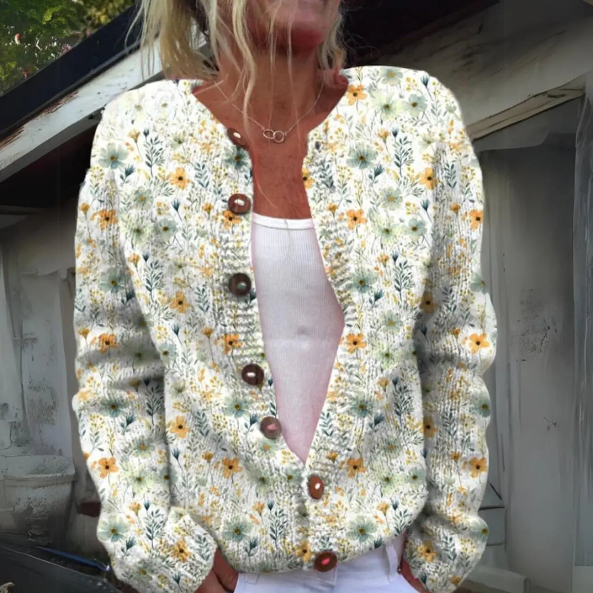 Chaleco cárdigan de punto con estampado floral y botones para mujer