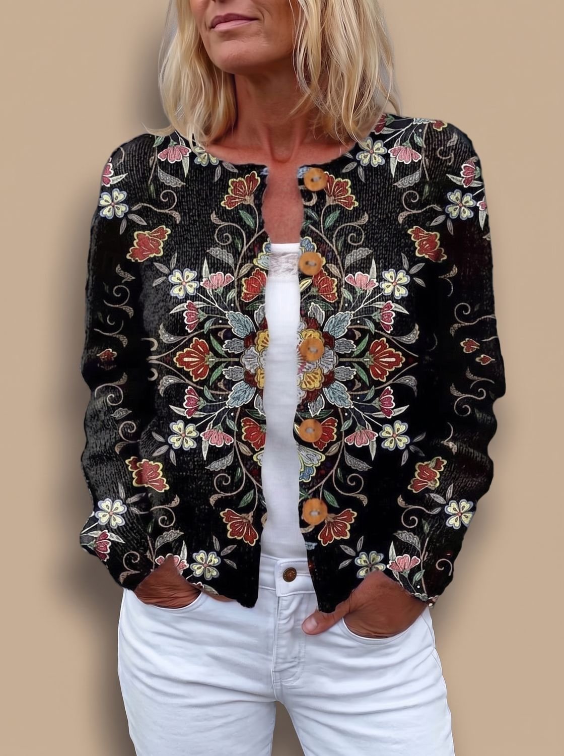 Cárdigan de punto con estampado floral, manga larga y botones delanteros para mujer
