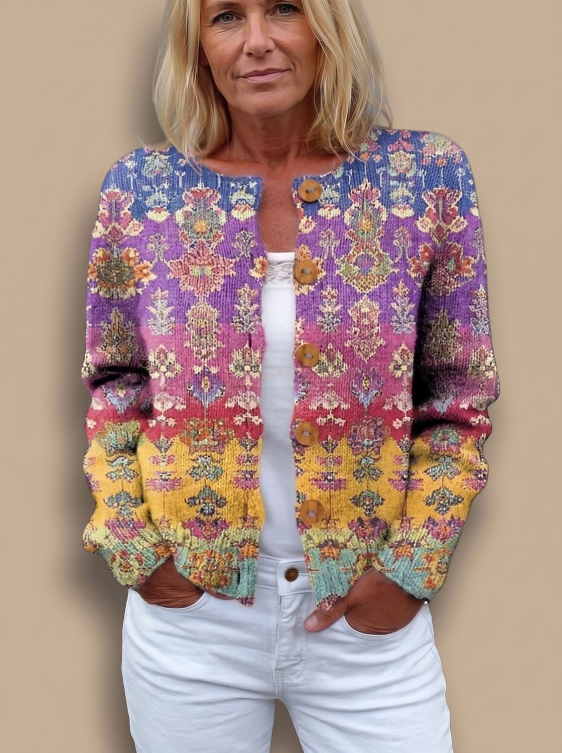 Cárdigan de punto con estampado floral, manga larga y botones delanteros para mujer