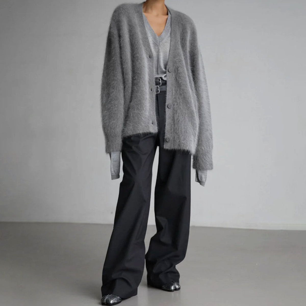 Cárdigan mullido de mezcla de mohair, cuello de pico y botones para mujer