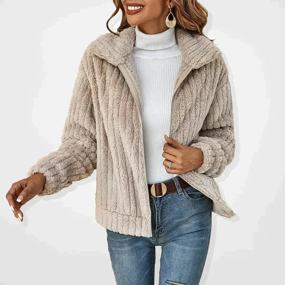 Chaqueta acolchada mullida con cremallera y abrigo de forro polar tipo teddy para mujer
