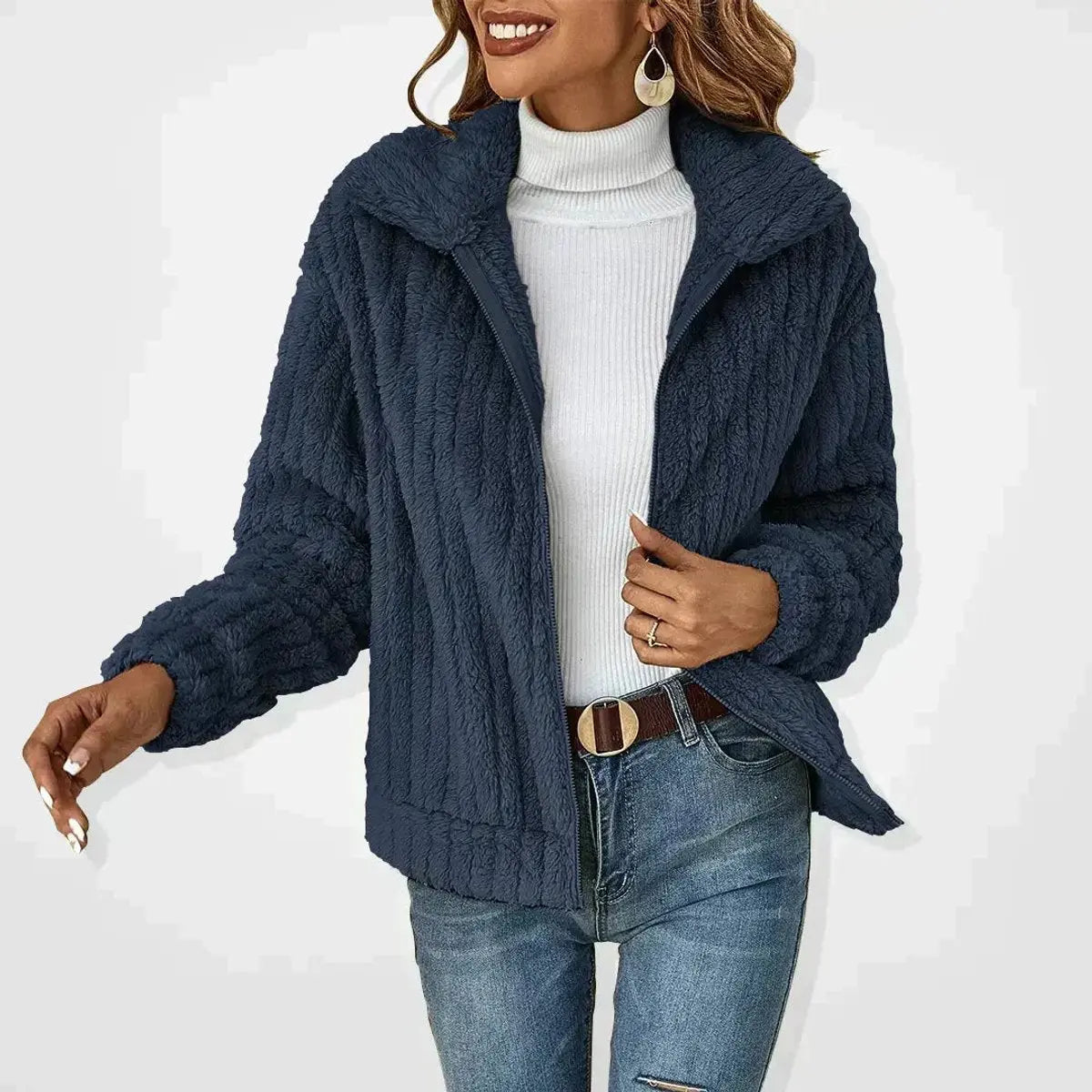 Chaqueta acolchada mullida con cremallera y abrigo de forro polar tipo teddy para mujer