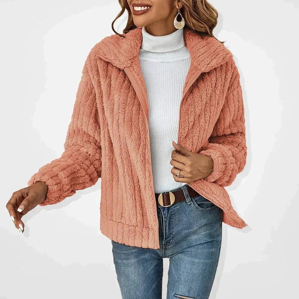 Chaqueta acolchada mullida con cremallera y abrigo de forro polar tipo teddy para mujer