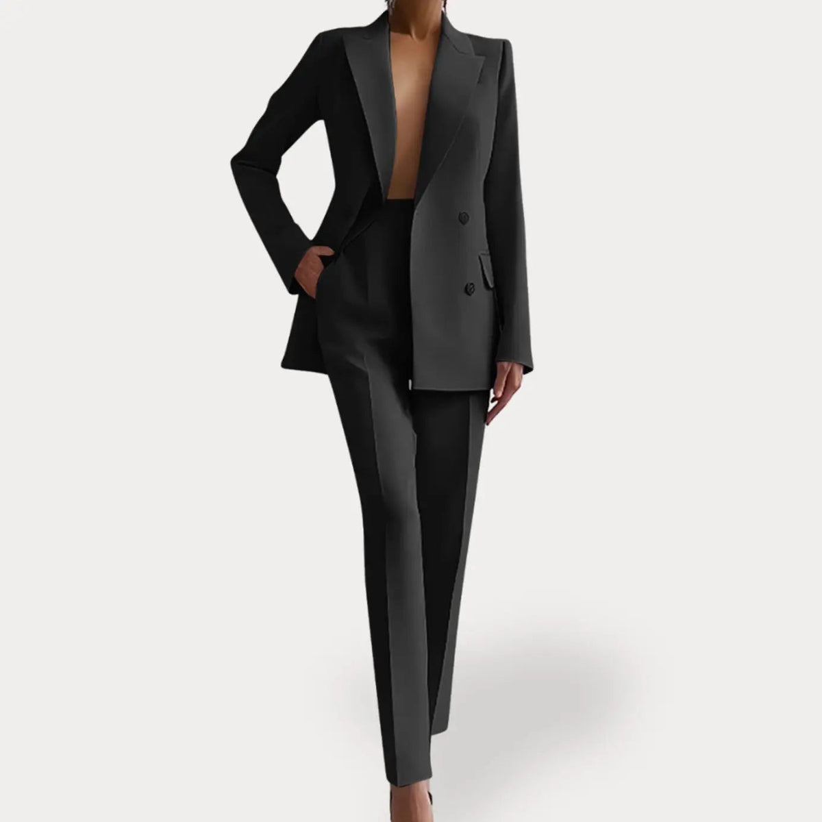 Conjunto de traje formal entallado para mujer, con blazer largo cruzado y pantalón