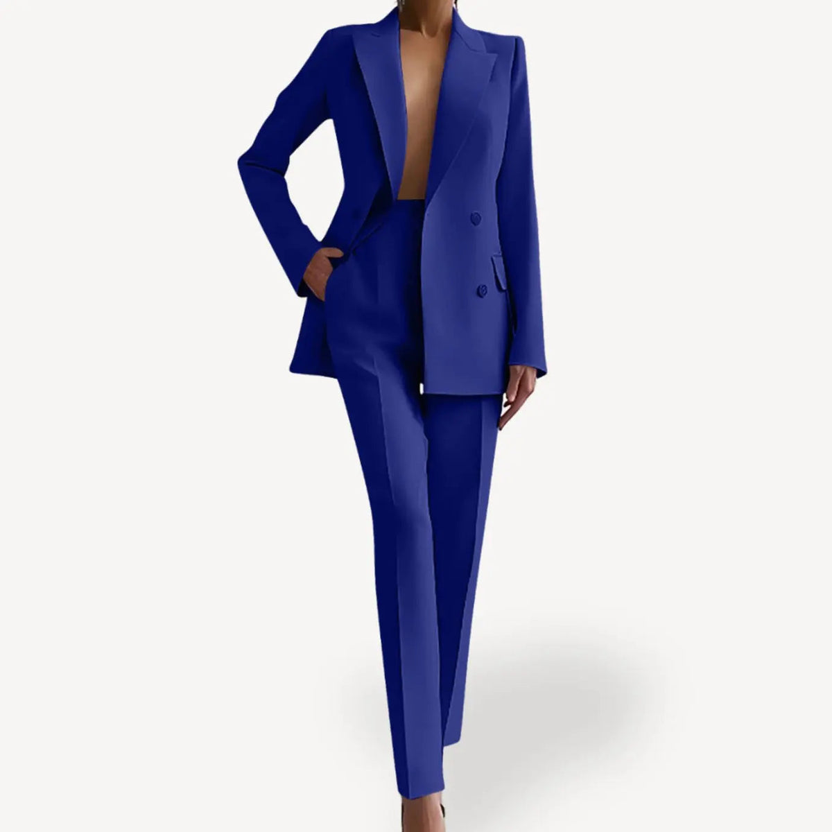 Conjunto de traje formal entallado para mujer, con blazer largo cruzado y pantalón
