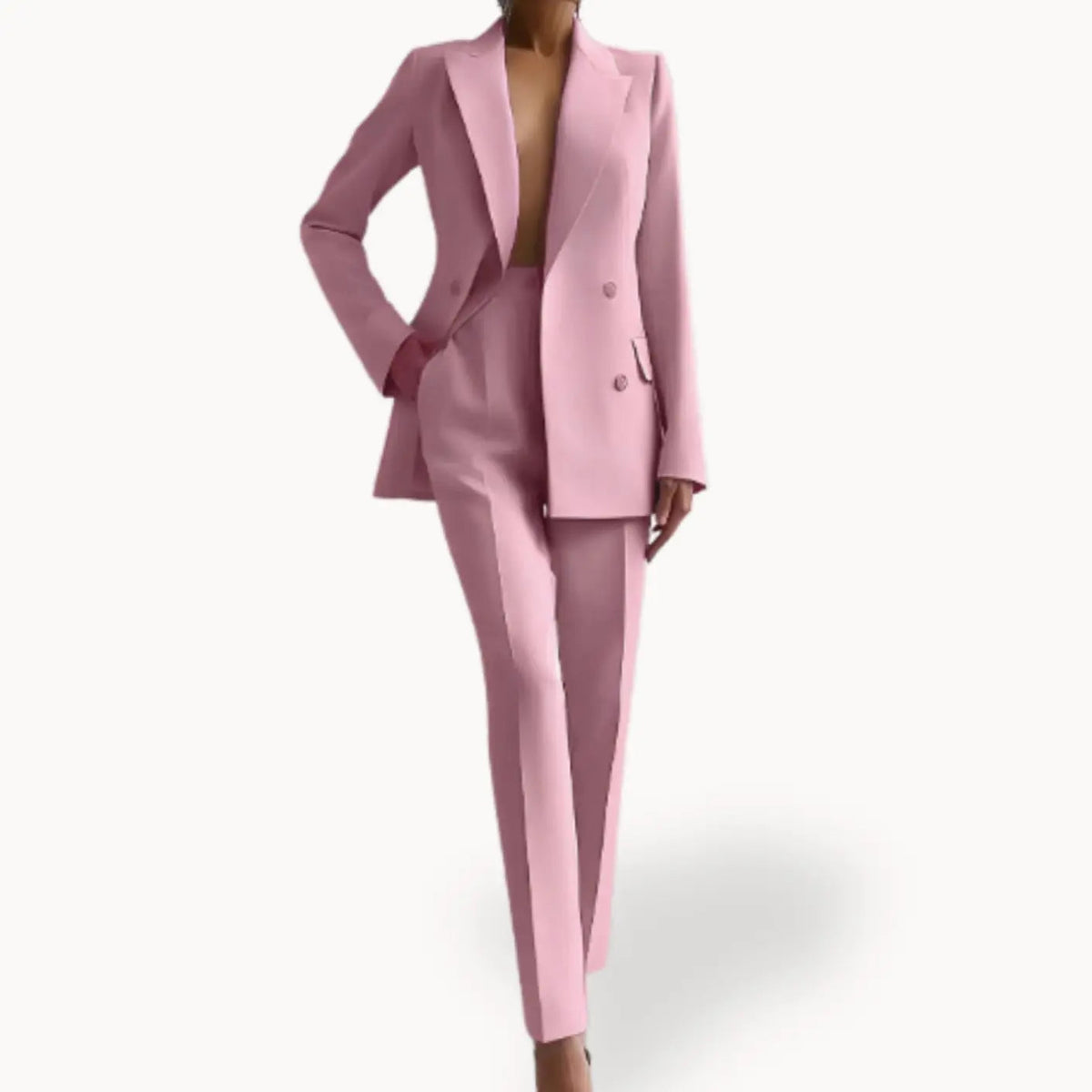 Conjunto de traje formal entallado para mujer, con blazer largo cruzado y pantalón