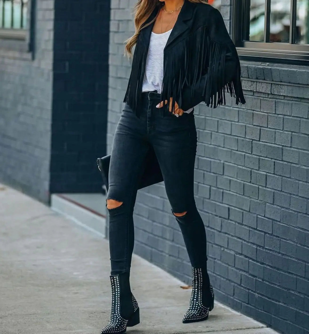 Chaqueta motera corta de ante con flecos para mujer