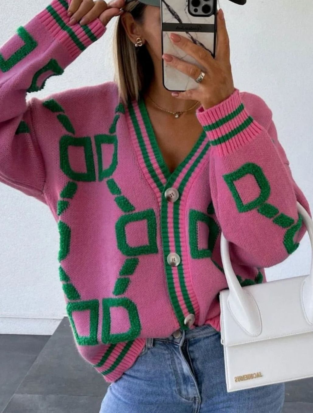 Cárdigan de punto para mujer, con estampado geométrico y botones