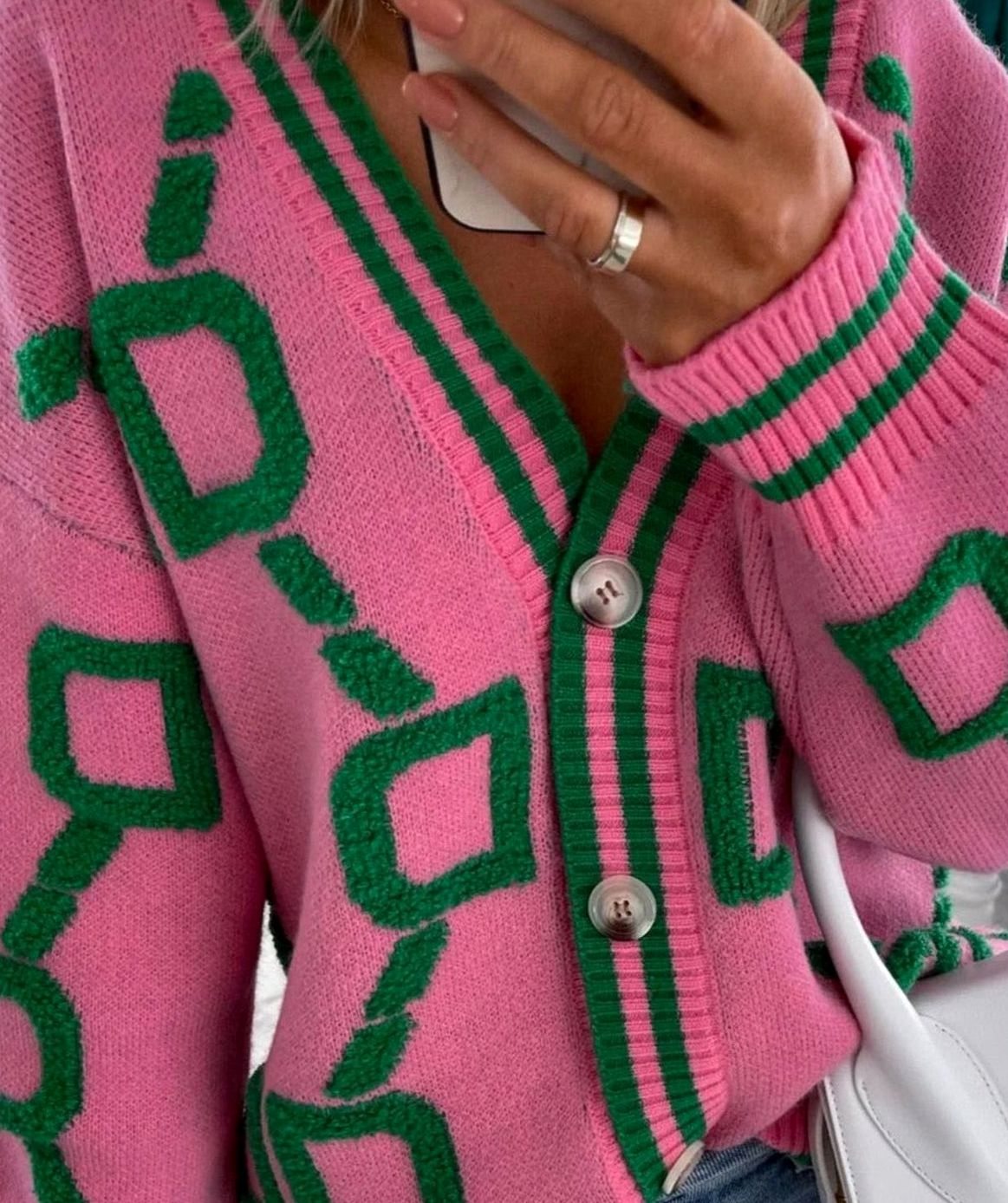 Cárdigan de punto para mujer, con estampado geométrico y botones