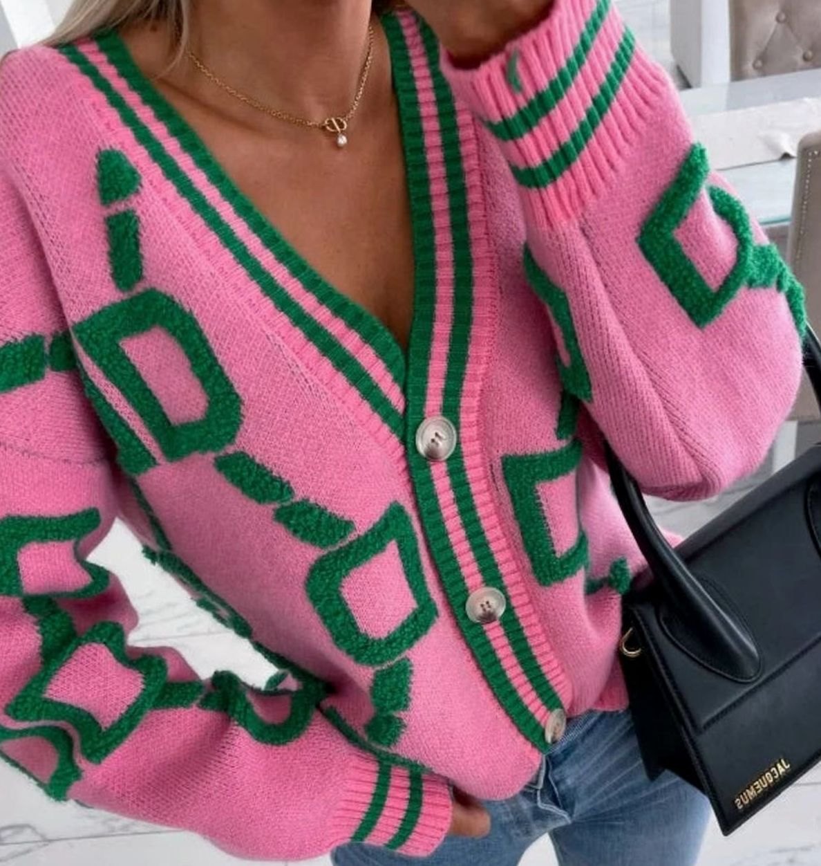 Cárdigan de punto para mujer, con estampado geométrico y botones