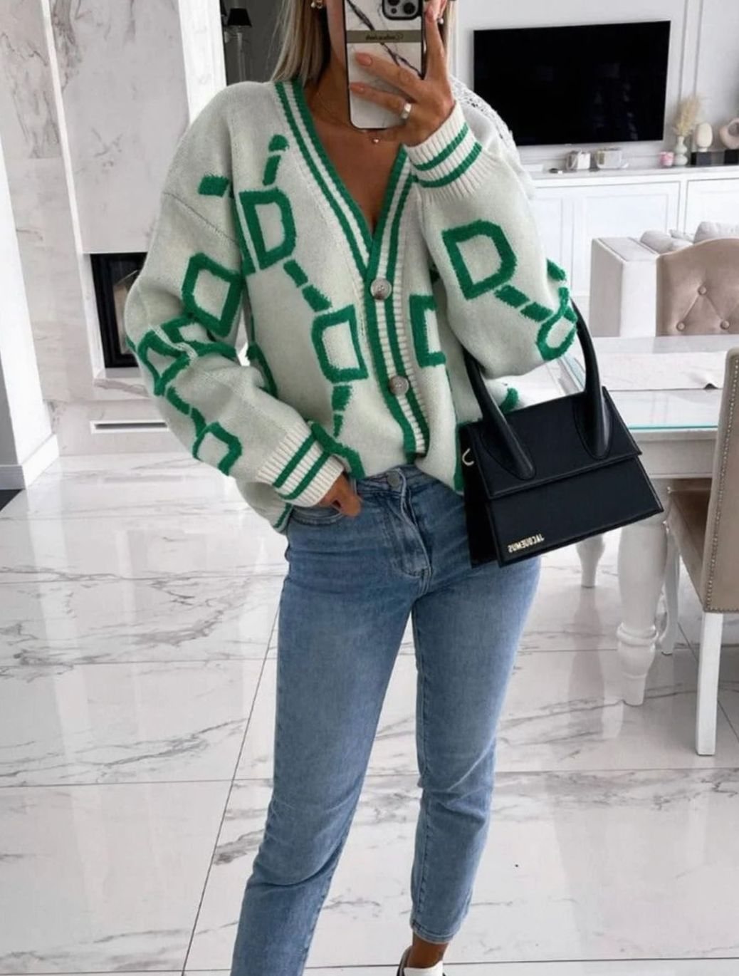 Cárdigan de punto para mujer, con estampado geométrico y botones