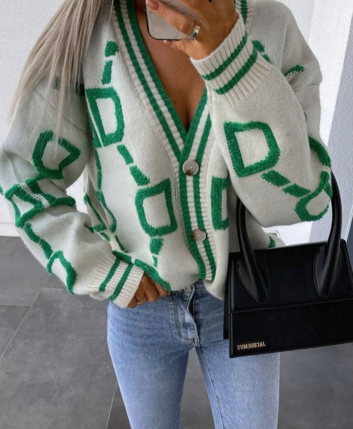 Cárdigan de punto para mujer, con estampado geométrico y botones
