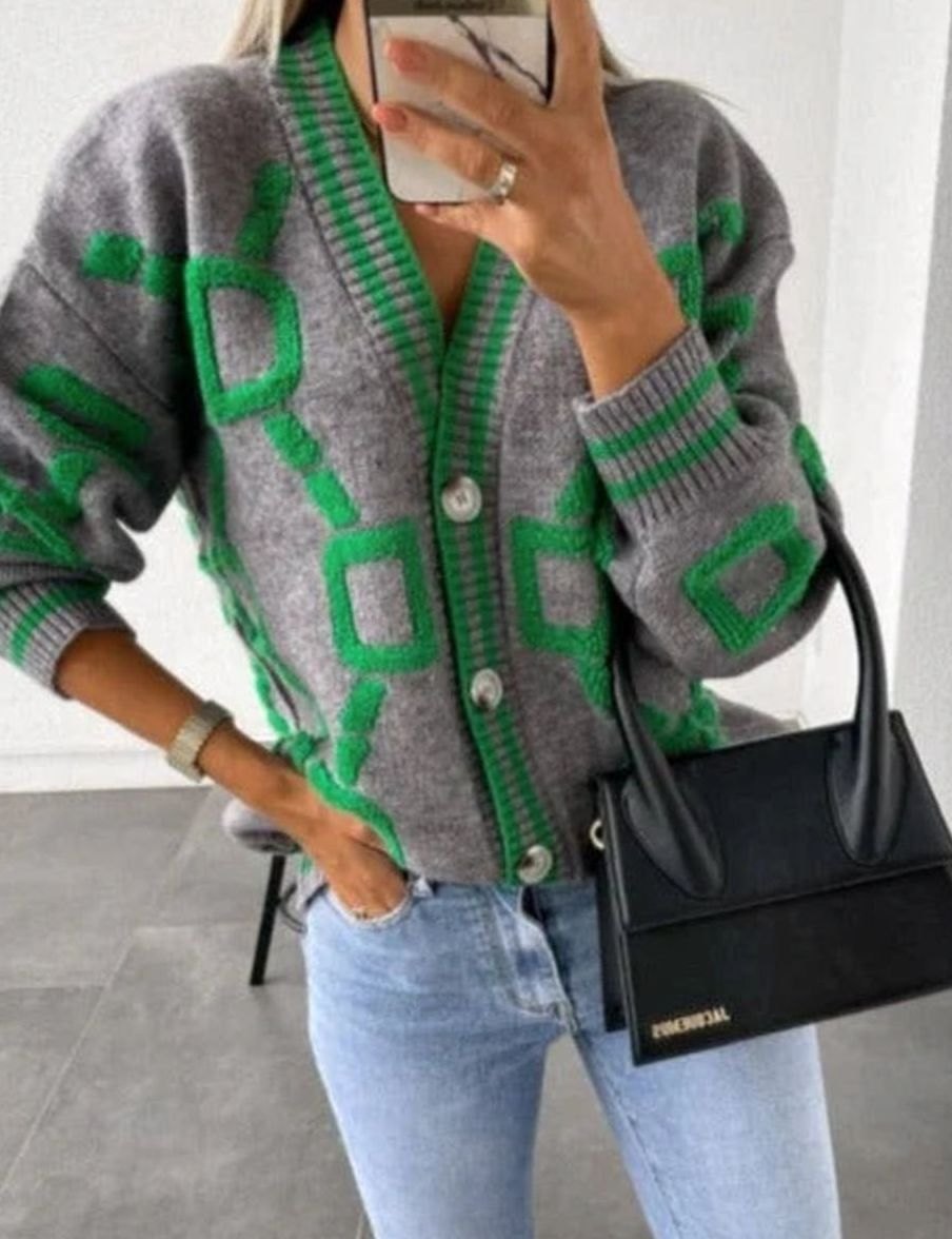 Cárdigan de punto para mujer, con estampado geométrico y botones