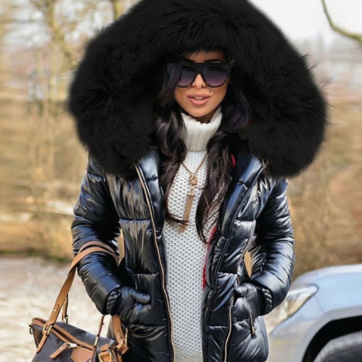 Chaqueta acolchada brillante de plumón para mujer, con capucha de pelo sintético