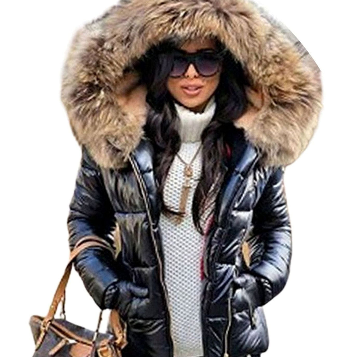 Chaqueta acolchada brillante de plumón para mujer, con capucha de pelo sintético