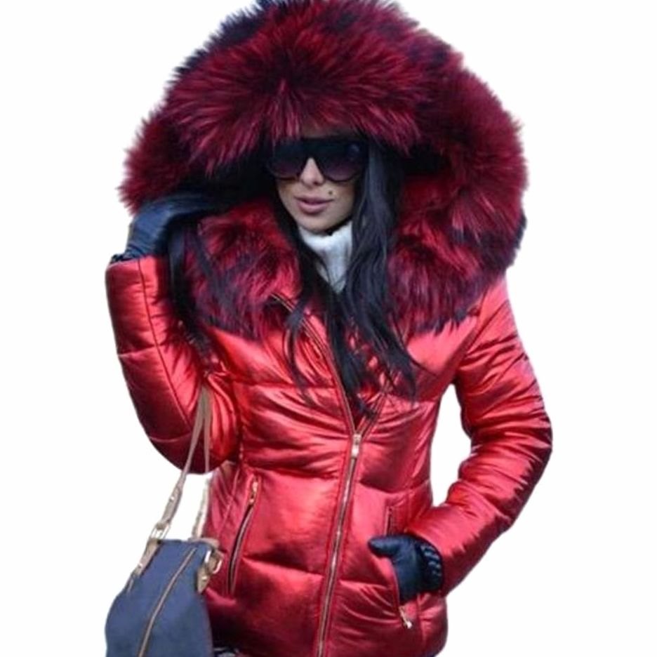 Chaqueta acolchada brillante de plumón para mujer, con capucha de pelo sintético
