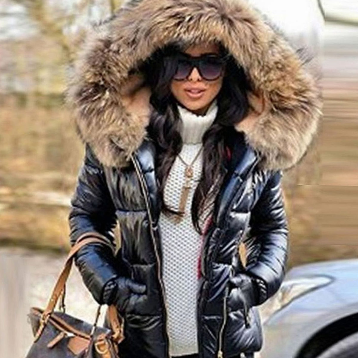 Chaqueta acolchada brillante de plumón para mujer, con capucha de pelo sintético