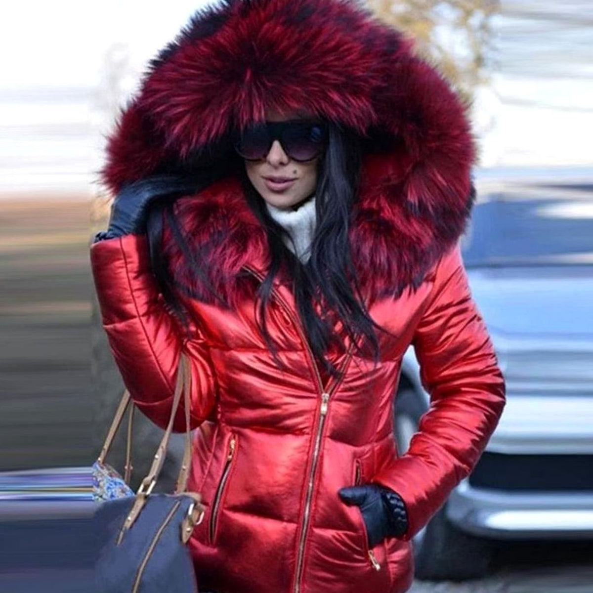Chaqueta acolchada brillante de plumón para mujer, con capucha de pelo sintético