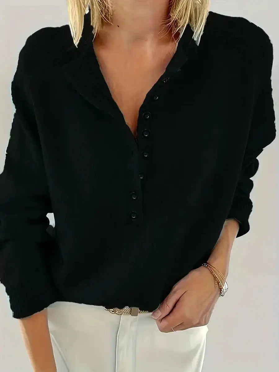 Jersey de punto para mujer, con media botonadura, cuello de pico y diseño tipo pulóver