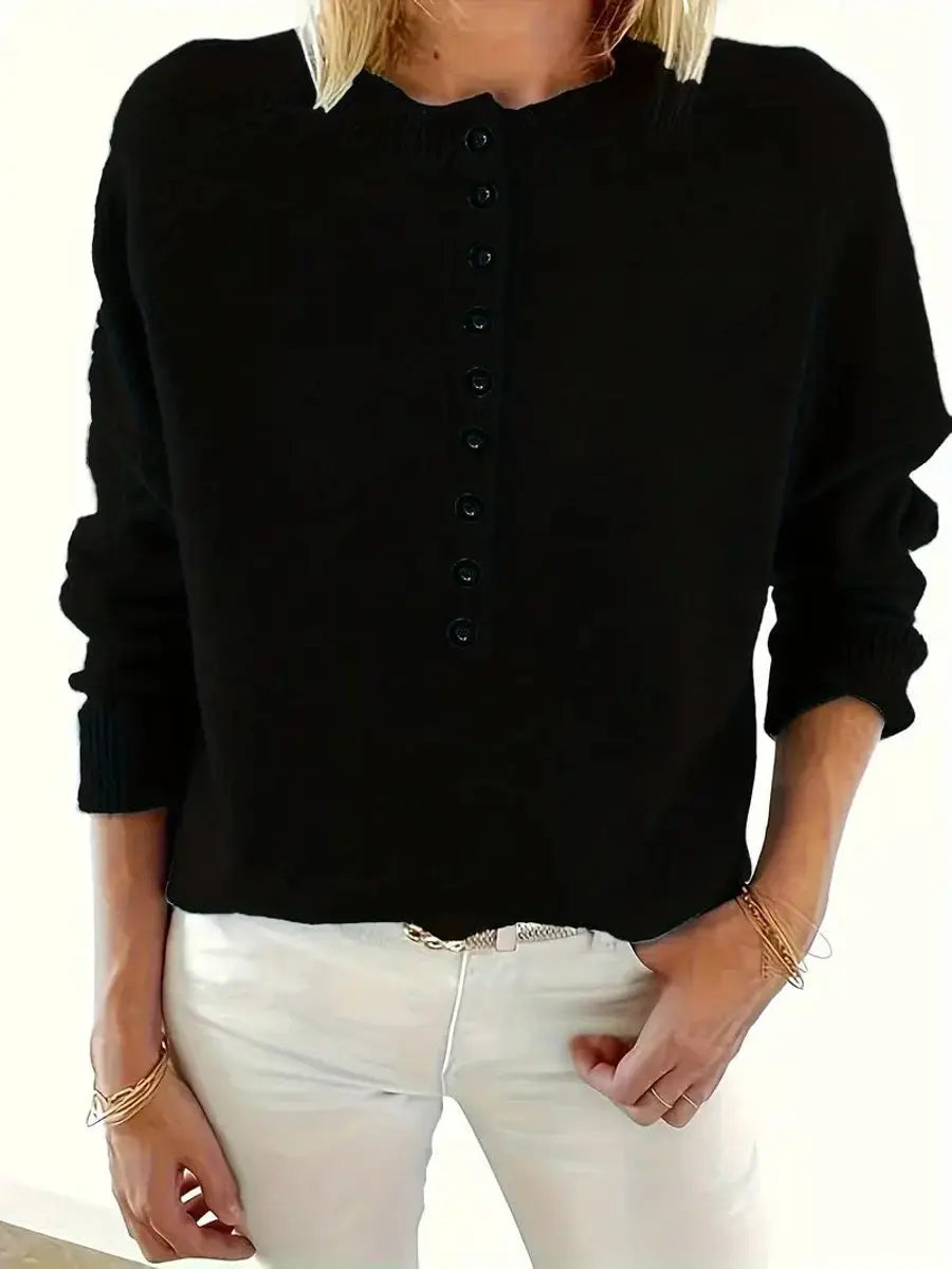 Jersey de punto para mujer, con media botonadura, cuello de pico y diseño tipo pulóver