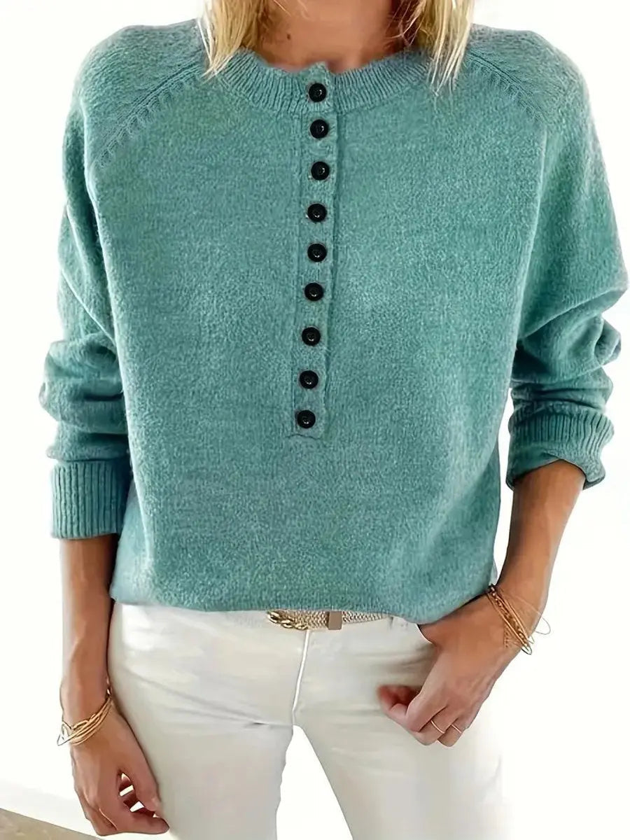 Jersey de punto para mujer, con media botonadura, cuello de pico y diseño tipo pulóver