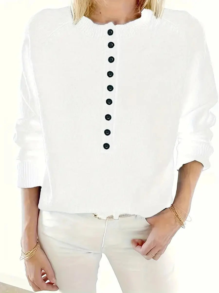 Jersey de punto para mujer, con media botonadura, cuello de pico y diseño tipo pulóver