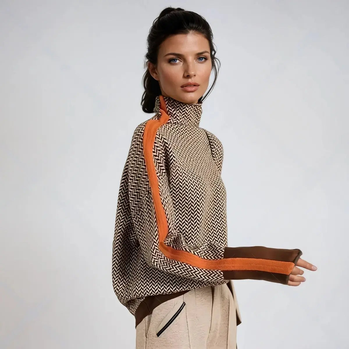 Jersey de cuello alto vuelto para mujer, de espiga y con ribete en contraste