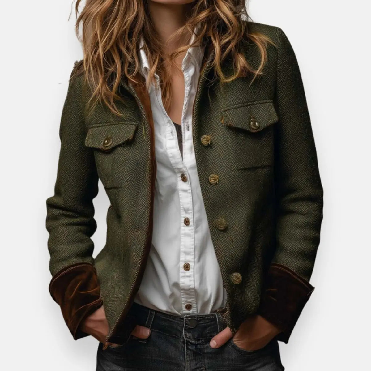 Chaqueta utilitaria acolchada de tweed de espiga para mujer, con detalles de botones dorados