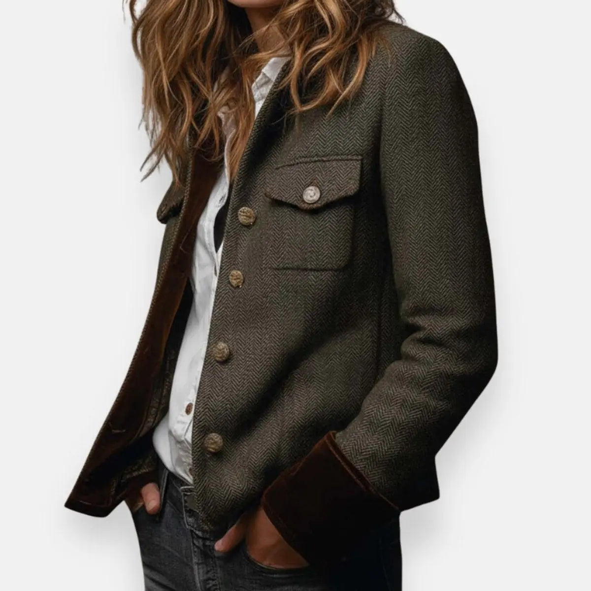 Chaqueta utilitaria acolchada de tweed de espiga para mujer, con detalles de botones dorados