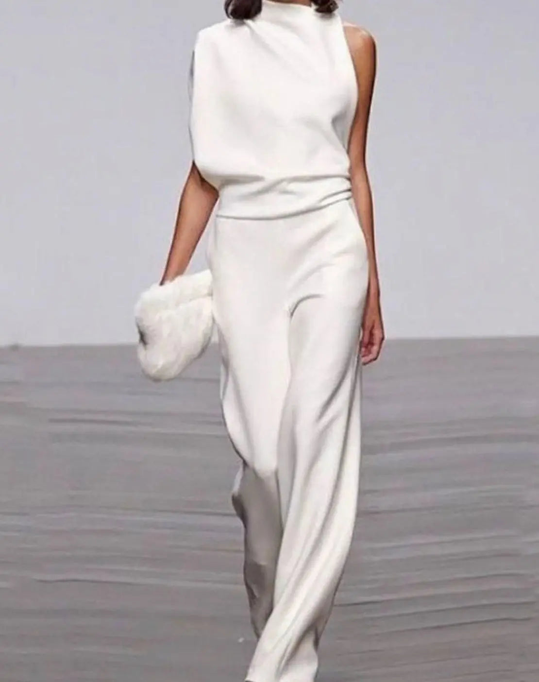 Mono formal para mujer, de cuello alto, hombro asimétrico y pierna ancha