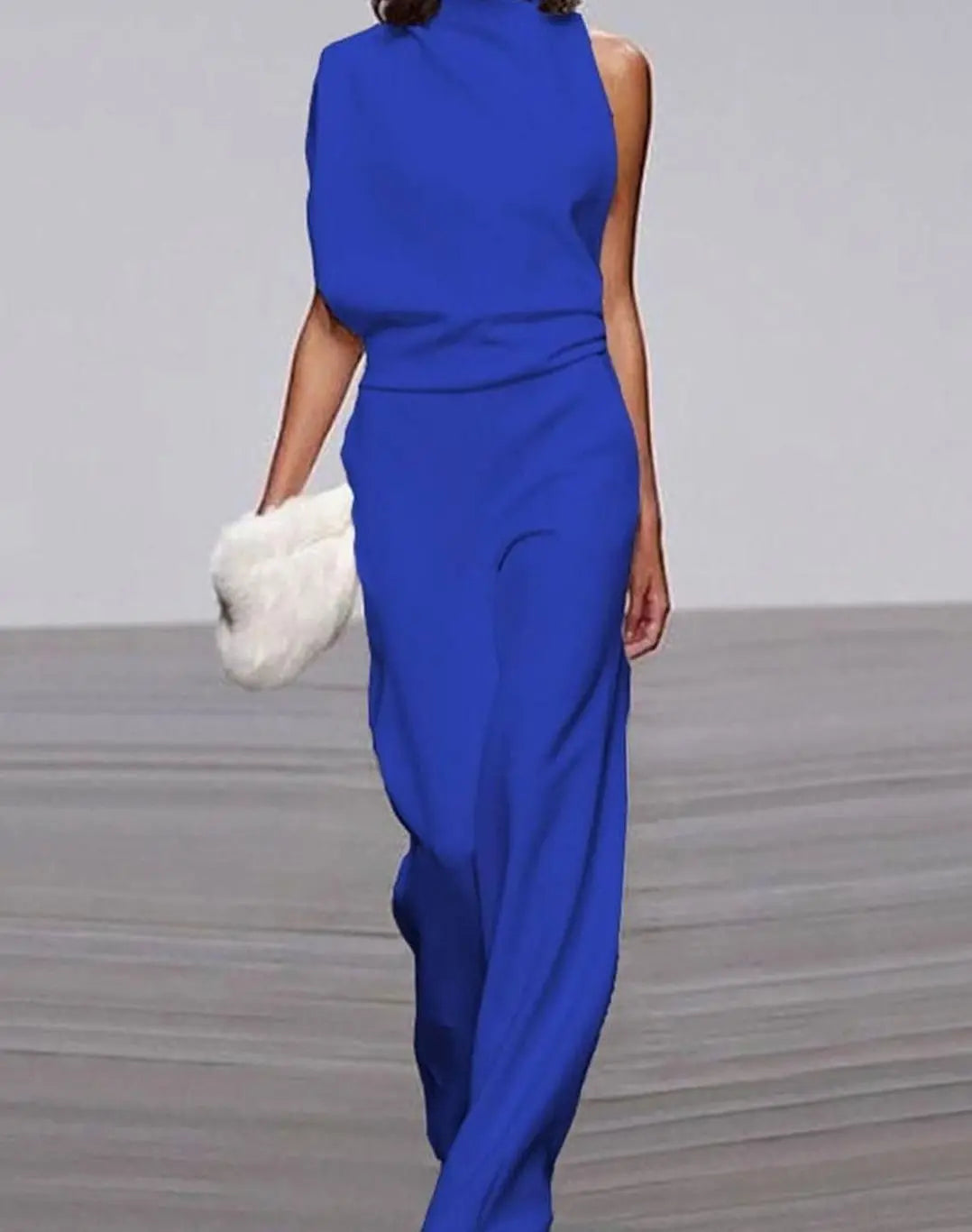 Mono formal para mujer, de cuello alto, hombro asimétrico y pierna ancha