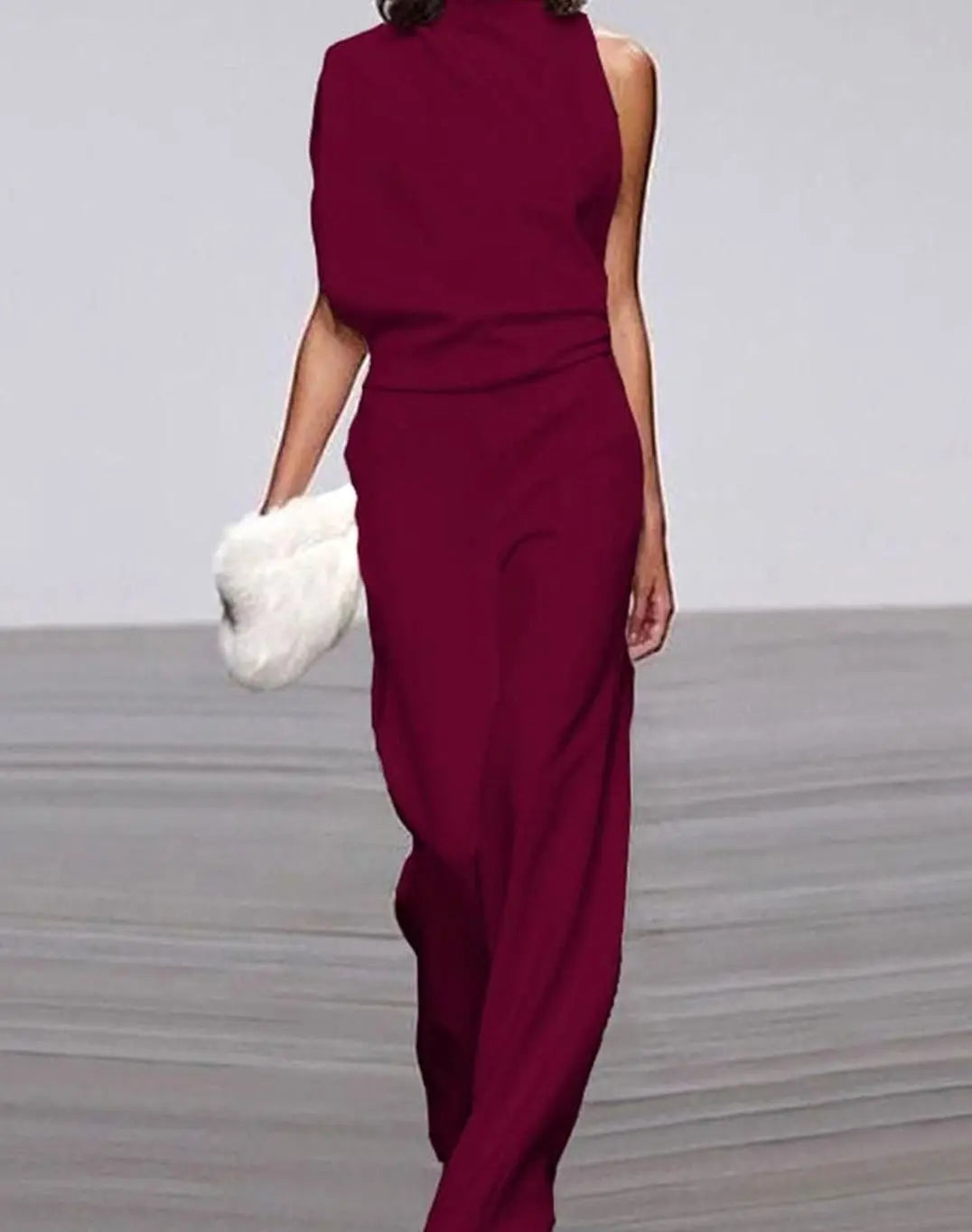 Mono formal para mujer, de cuello alto, hombro asimétrico y pierna ancha