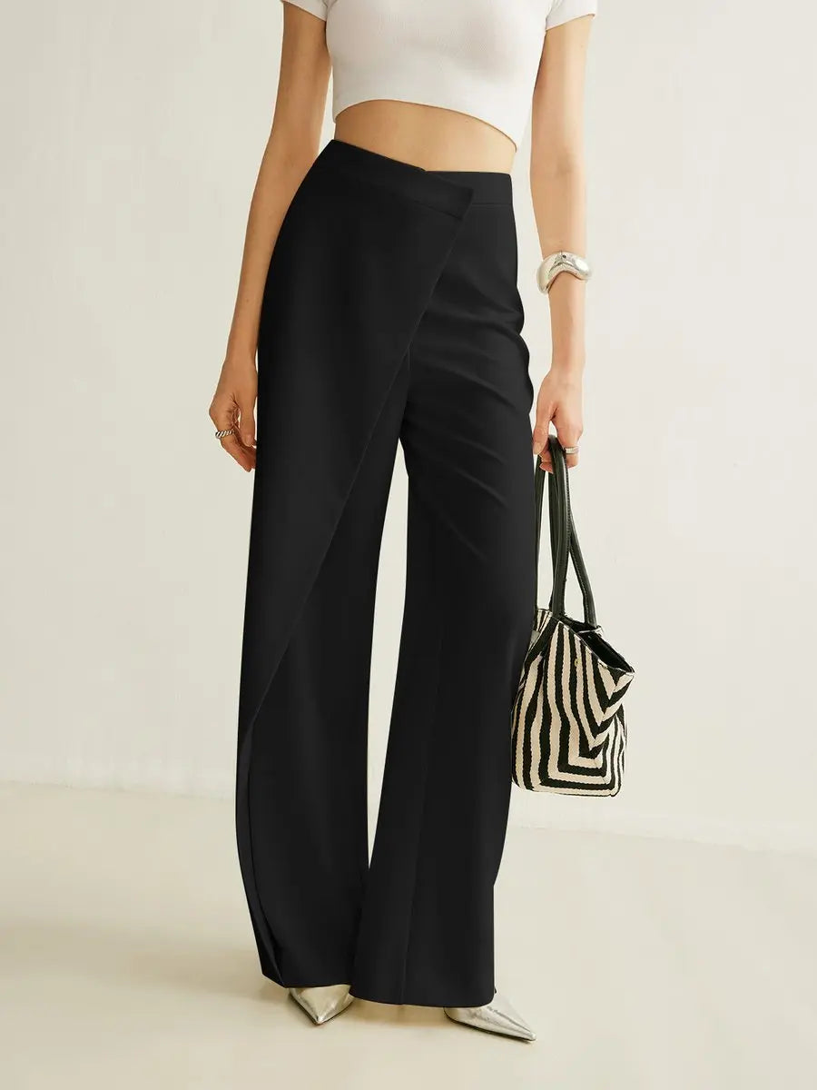 Pantalones de pierna ancha para mujer, de cintura alta y diseño asimétrico cruzado
