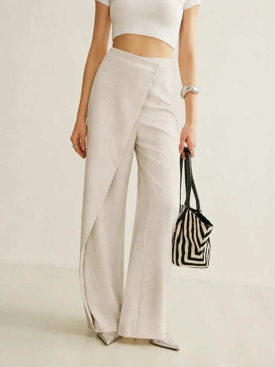 Pantalones de pierna ancha para mujer, de cintura alta y diseño asimétrico cruzado