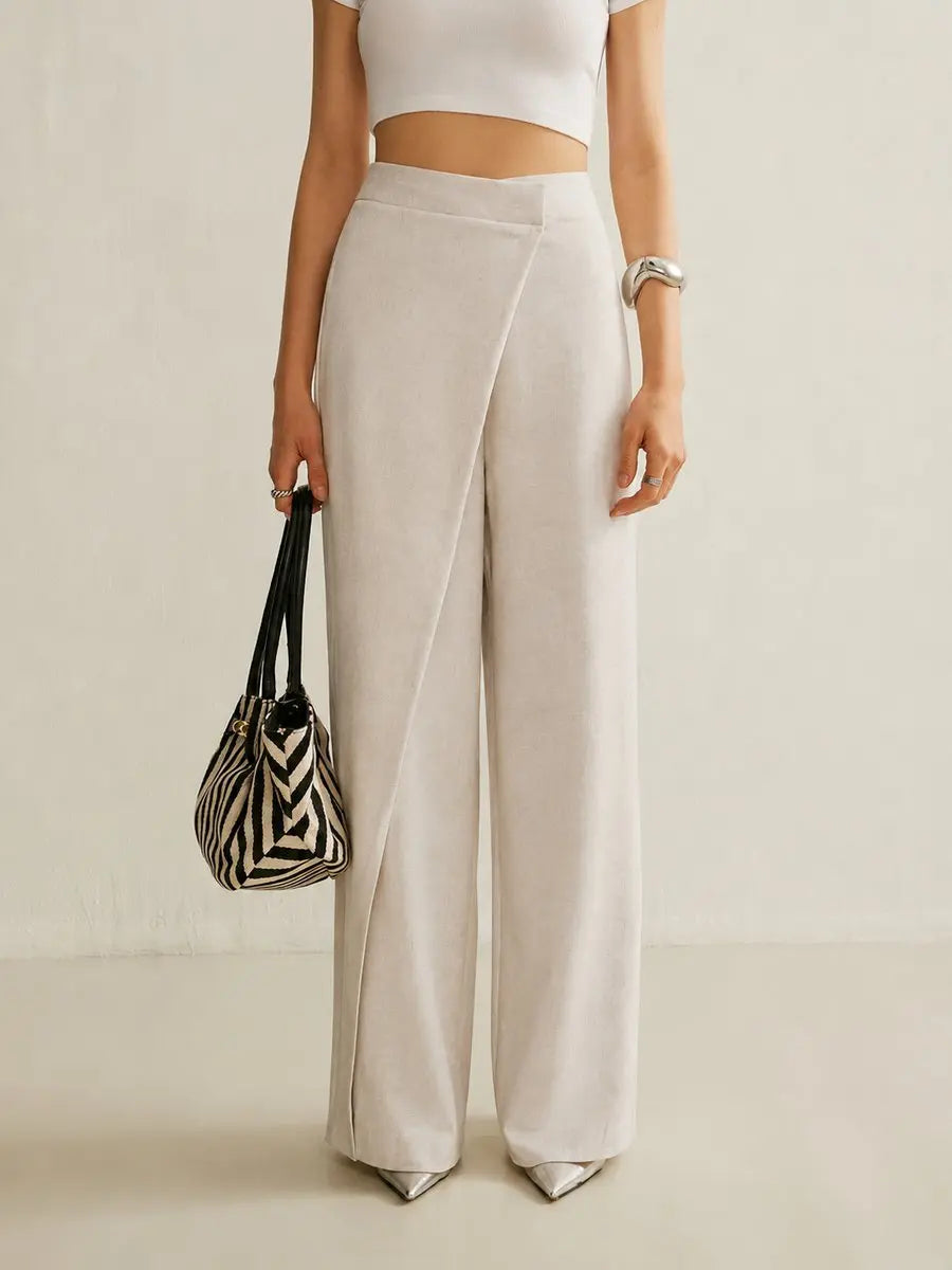Pantalones de pierna ancha para mujer, de cintura alta y diseño asimétrico cruzado