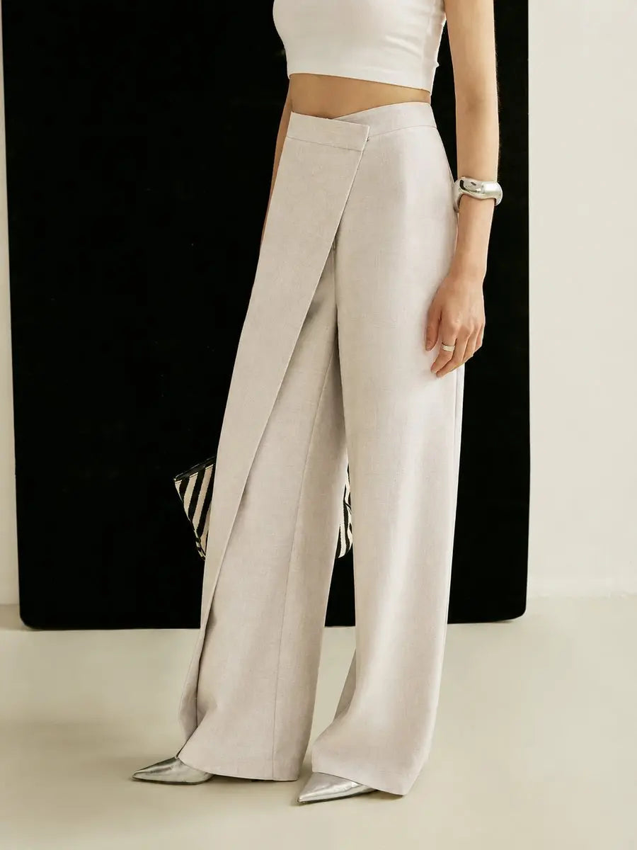 Pantalones de pierna ancha para mujer, de cintura alta y diseño asimétrico cruzado