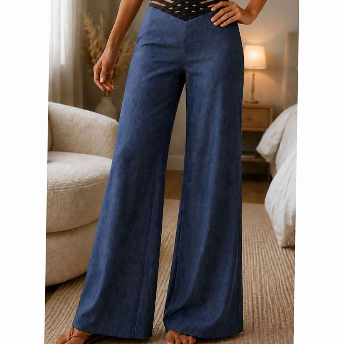 Pantalones de pierna ancha para mujer, de cintura alta y con cinturilla cruzada