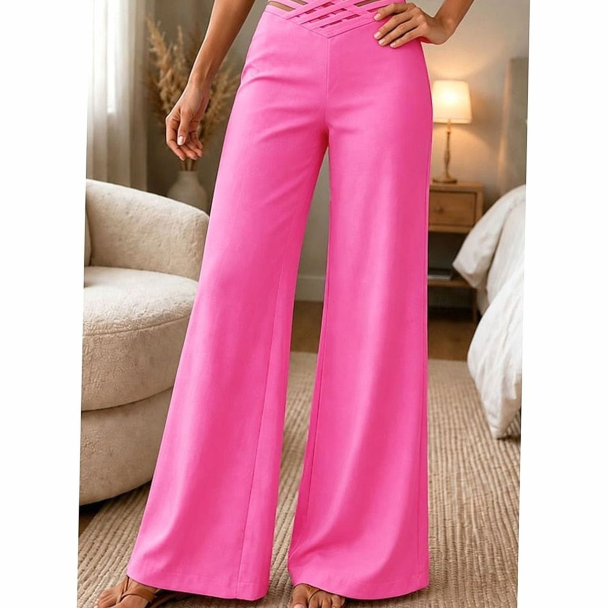 Pantalones de pierna ancha para mujer, de cintura alta y con cinturilla cruzada