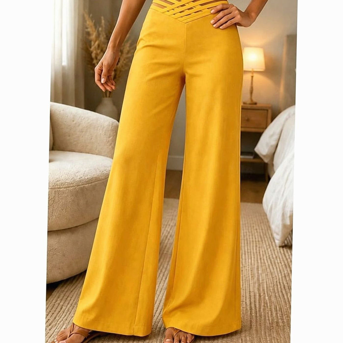 Pantalones de pierna ancha para mujer, de cintura alta y con cinturilla cruzada