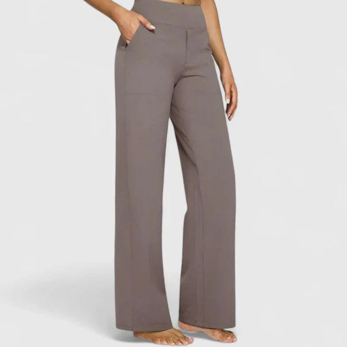 Pantalones rectos de pierna ancha para mujer, de cintura alta y con bolsillos