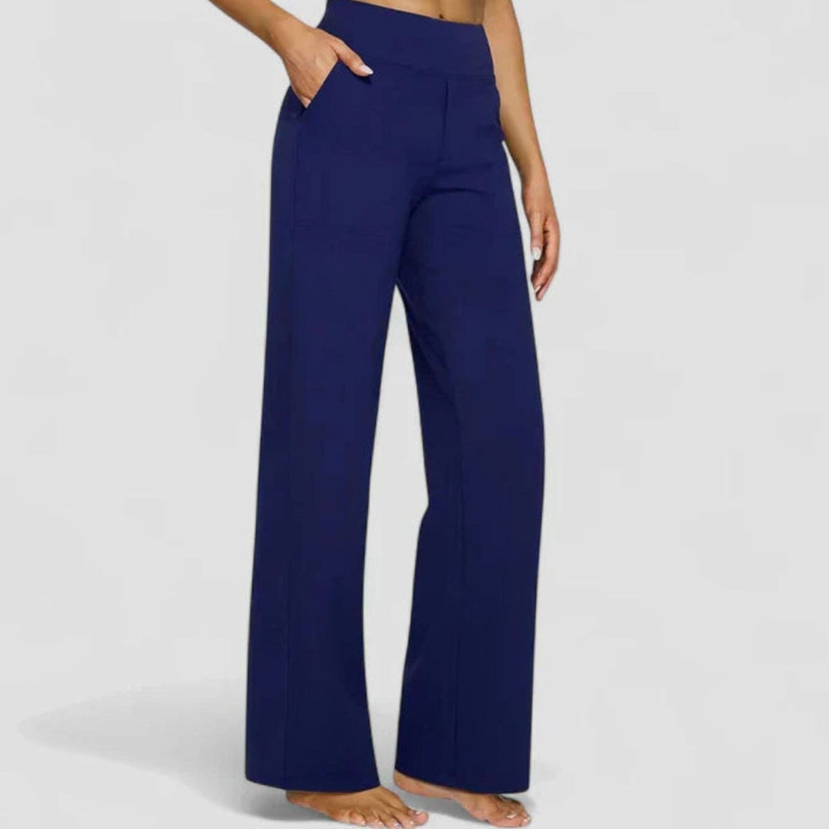 Pantalones rectos de pierna ancha para mujer, de cintura alta y con bolsillos